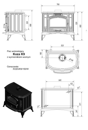 Печь камин KRATKI Koza K9 W (с вод. контуром)